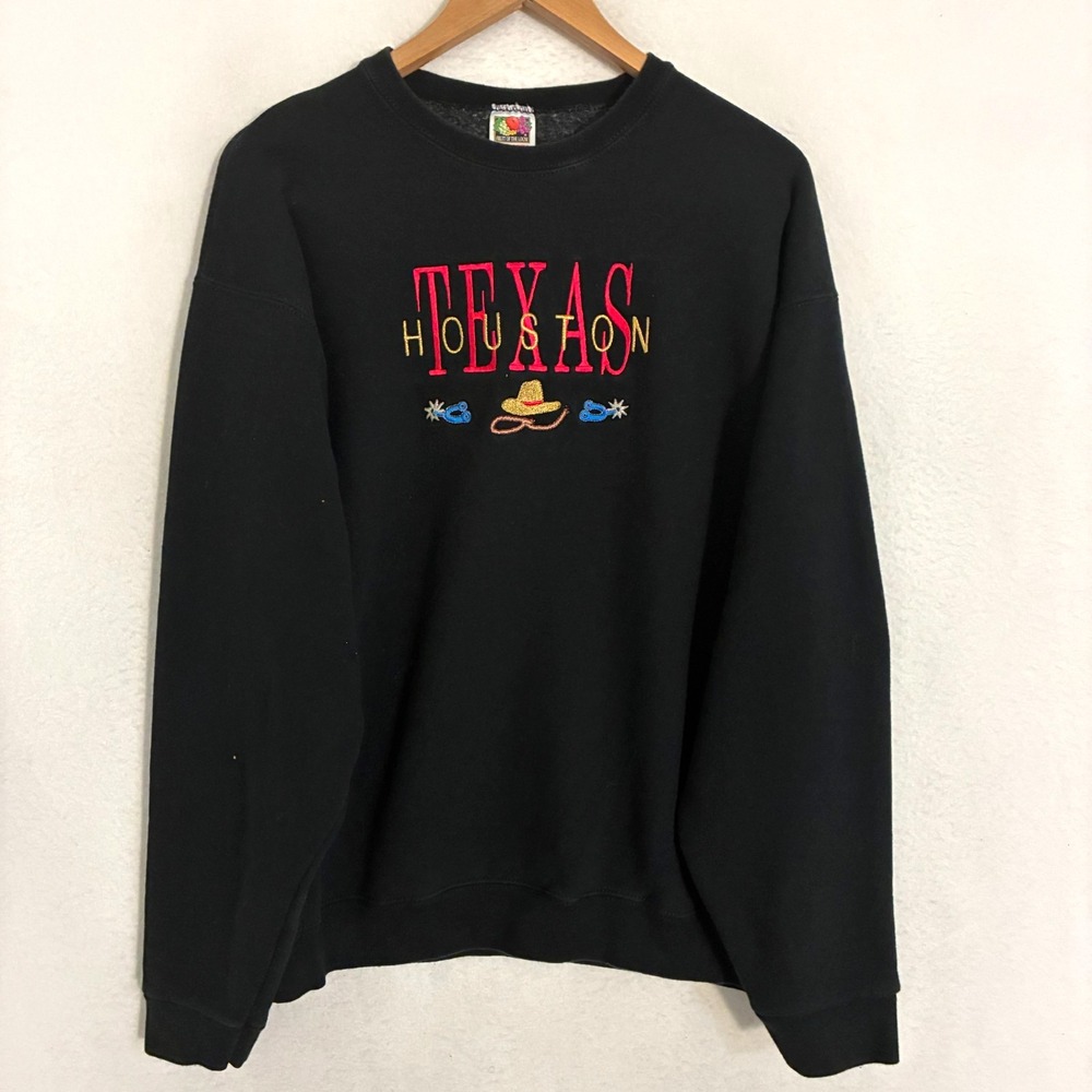 Vtg Houston Texas‎ Sweatshirt XL Embroidered Destination Cowboy Western Pullover